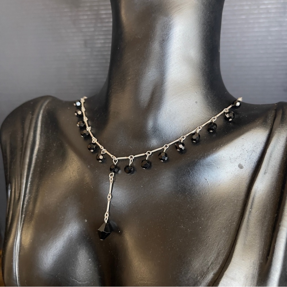 Sterling Silver Black Glass Clip Chain Necklace 16 Inch